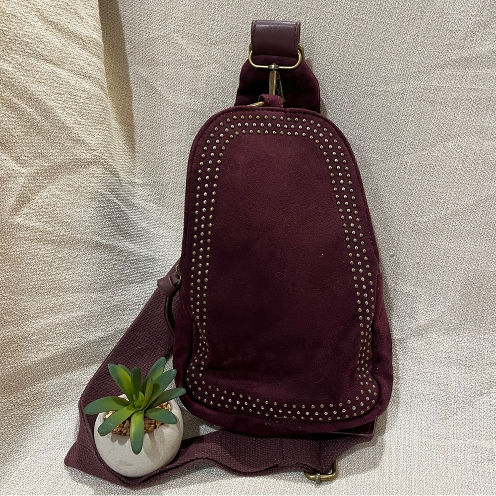 Burgundy Faux Suede Sling Bag with Stud Accents